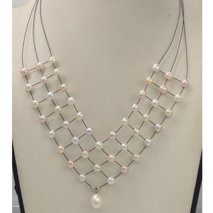 Freshwater White and Pink Button Pearls 3 Lay