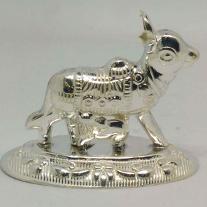 Silver Gau Mata With bachhda  murti  For Pooj