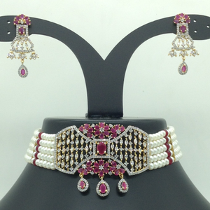White,red cz choker set with 5 line flat p