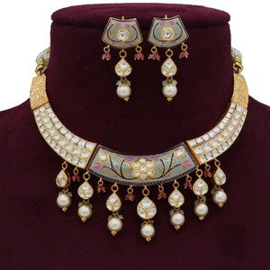 916 Gold Floral Colourful Moti Necklace Set A