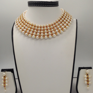 White Round Pearls and Red CZ Patti 5 Laye