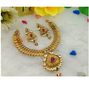 916 Gold Antique Kundan Necklace Set For Wedd