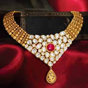 916 Gold Pink Stone With Kundan Necklace