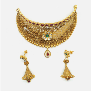 22KT Gold Antique Bridal Choker Necklace Set 