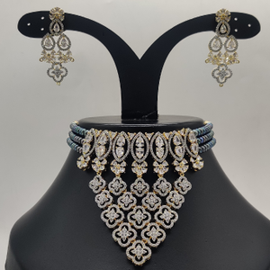 White Cz Stones Choker Set with Grey Pearls J