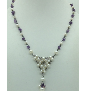 Freshwater white pearls and amethyst silver
