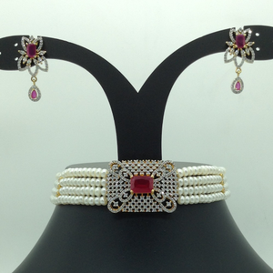 White and red cz choker set with 4 line flat