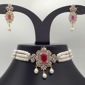 White And Red CZ Choker Set With 3 Line Fl