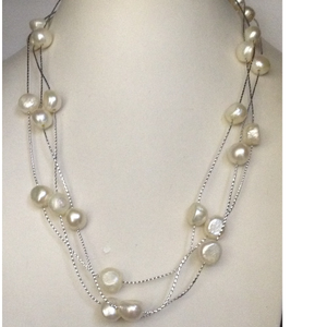 Freshwater white button pearls long white cha