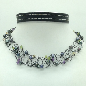 Black round pearls and semi precious stones