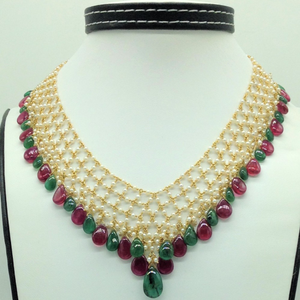 Round Pearls with Ruby,Emeralds Gold Taar Nec