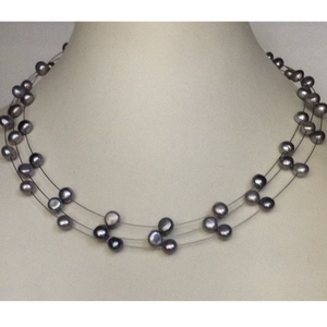 Grey button pearls 3 layers wire necklace jpm