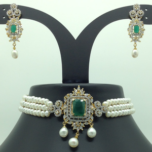 White, Green CZ Choker Set with 3 Line Fla
