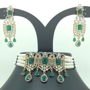 White and green cz choker set with 4 line f