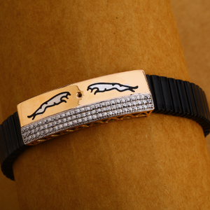 18KT Rose Gold CZ Mens Exclusive Leather Brac