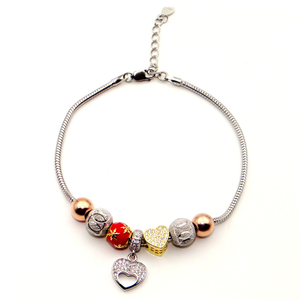 triple tone love charm beaded bracelet