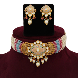 916 Gold Delicate Colourful Moti Necklace Set