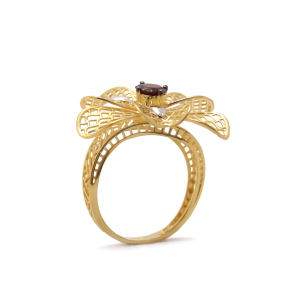22k yellow gold red garnate floral ring