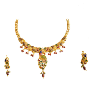 22k Gold Meenakari Peacock Necklace Set MGA -