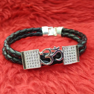 Silver Black Leather OM CZ Bracelet For Men