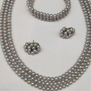 3 Line Round Grey Pearls Full Set JPP1002