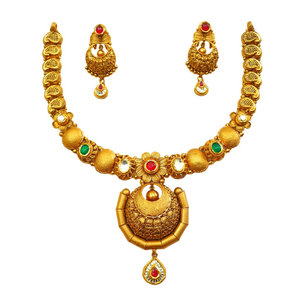 22K Gold Antique Modern Necklace Set With Ear