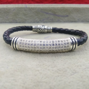 Silver Black Leather CZ Bracelet For Men