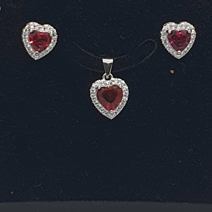 Silver 92.5 Red Stone Heart Shape Pendant Set
