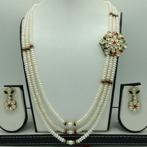 Navratan Kundan Broach Set With 3 Line Whi
