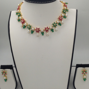 Pearls,Red and Green CZ Stones Marquise Neckl