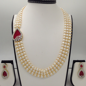 White And Red CZ Broach Set With 3 Line Bu
