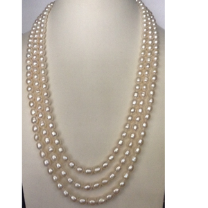 Freshwater White Oval Pearls Necklace 3 Layer