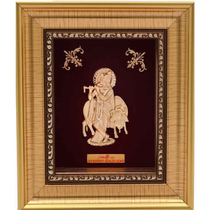24k gold leaf Krishna with cow frame