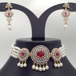 White, red cz and pearls choker set with 4