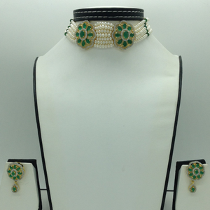 White,Green CZ Choker Set With 5 Line Pearl