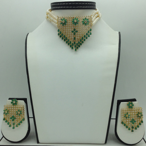 White,Green CZ Jhalar Choker Set With 3 Line