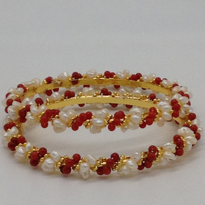 White flat pearls and corals baldar bangles