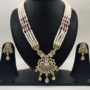 White Pink Cz Ranihaar Set With 4 Lines Flat Pearls JPS1002
