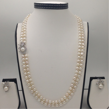 White CZ And Pearls Broach Set With 2 Line Button Jali Pearls Mala JPS0231