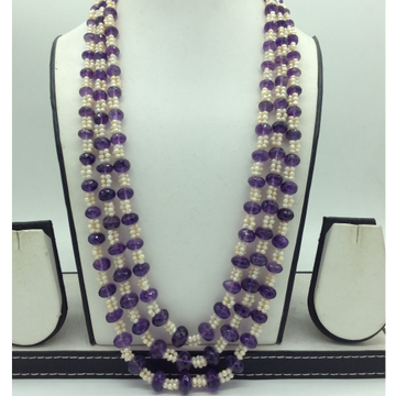 White Seed Pearls with Purple Amethyst Beeds 3 Layers Mala JPM0506
