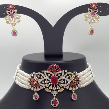 White And Red CZ Choker Set With 4 Line Flat Pearls Mala JPS0509