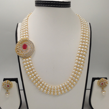 White And Red CZ Broach Set With 3 Line Button Jali Pearls Mala JPS0190