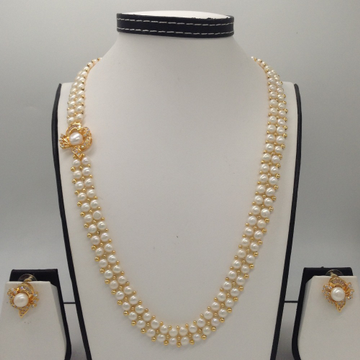 White CZ And Pearls Broach Set With 2 Line Button Jali Pearls Mala JPS0184