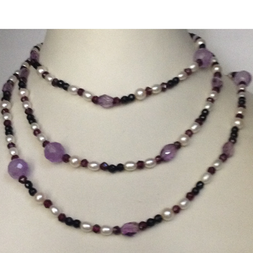 white oval pearls with faceted amethyst beeds long mala JPM0166