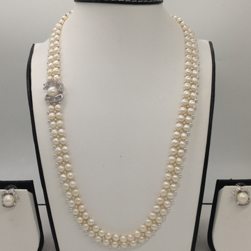 White CZ And Pearls Broach Set With 2 Line Button Jali Pearls Mala JPS0187