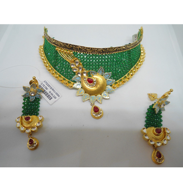 916 Gold Antique Roral Green Beads Choker Set RHJ-...