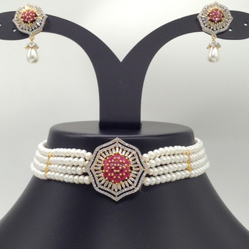 White And Red CZ Choker Set With 4 Line Flat Pearls Mala JPS0541