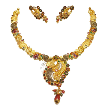 916 Gold Multi Meenakari Flower Shaped Necklace Se...