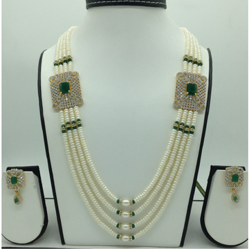 White And Green CZ Brooch Set With 4 Lines Flat Pearls Mala JPS0667