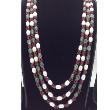 White Oval Pearls with Red,Green Beeds 3 Layers Mala JPM0519